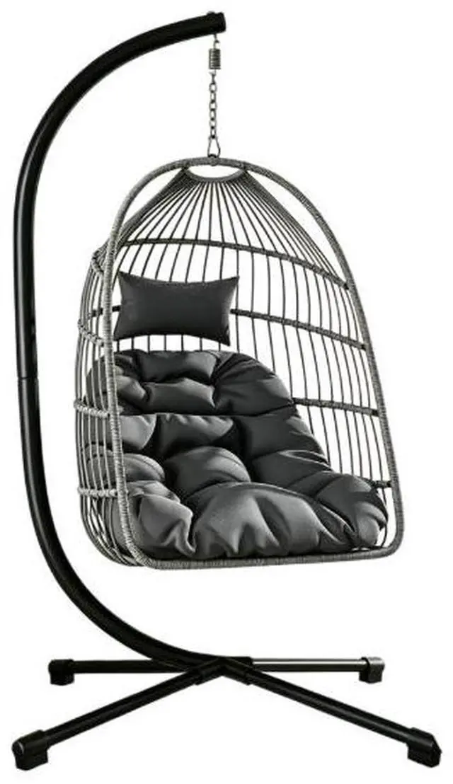 Alt view image 2 of 5 - Frame-supported woven egg-shaped hanging chair for courtyard or balcony, with thick soft cushion for comfortable sitting, suitable for home leisure use and with load-bearing capacity.