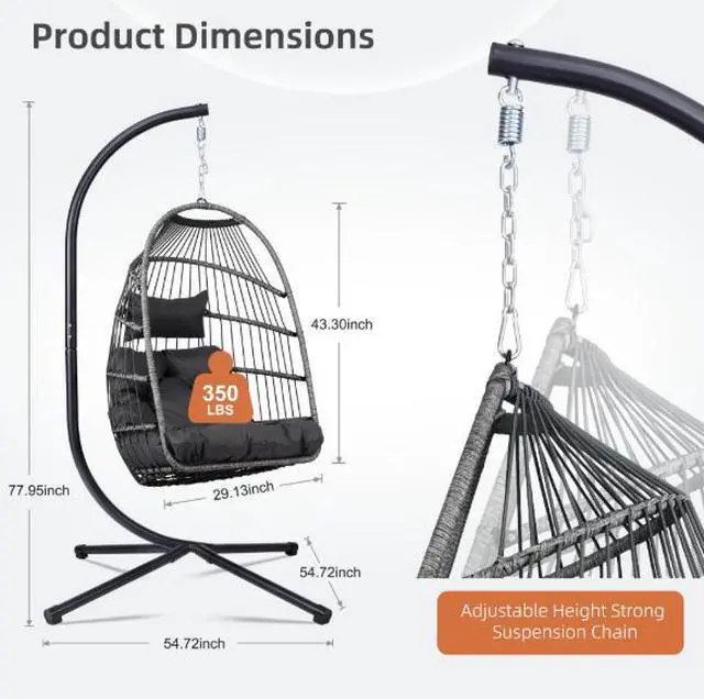 Alt view image 3 of 5 - Frame-supported woven egg-shaped hanging chair for courtyard or balcony, with thick soft cushion for comfortable sitting, suitable for home leisure use and with load-bearing capacity.