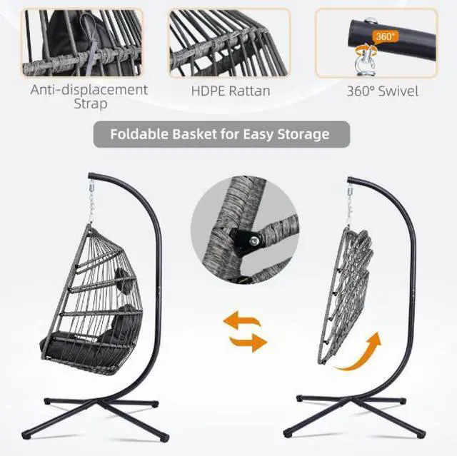 Alt view image 4 of 5 - Frame-supported woven egg-shaped hanging chair for courtyard or balcony, with thick soft cushion for comfortable sitting, suitable for home leisure use and with load-bearing capacity.