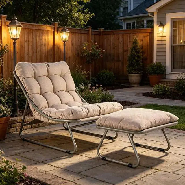 Alt view image 3 of 4 - Modern outdoor patio furniture set - sun lounger with swollen cushions and footrest