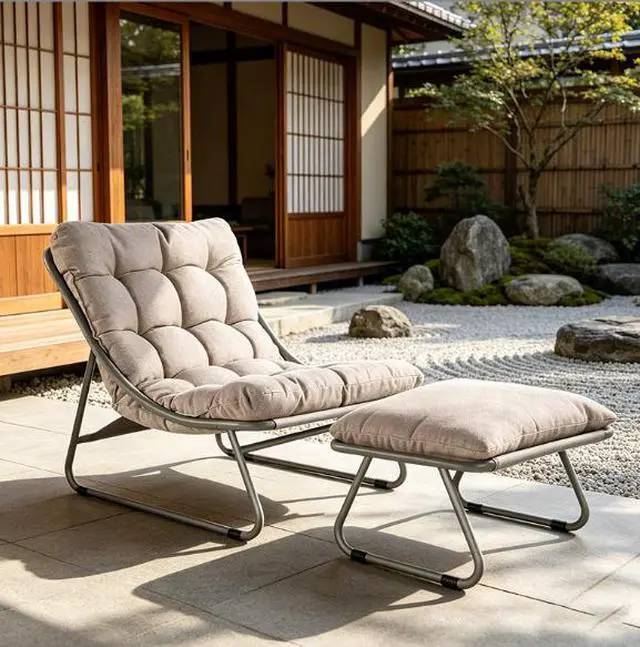 Alt view image 4 of 4 - Modern outdoor patio furniture set - sun lounger with swollen cushions and footrest