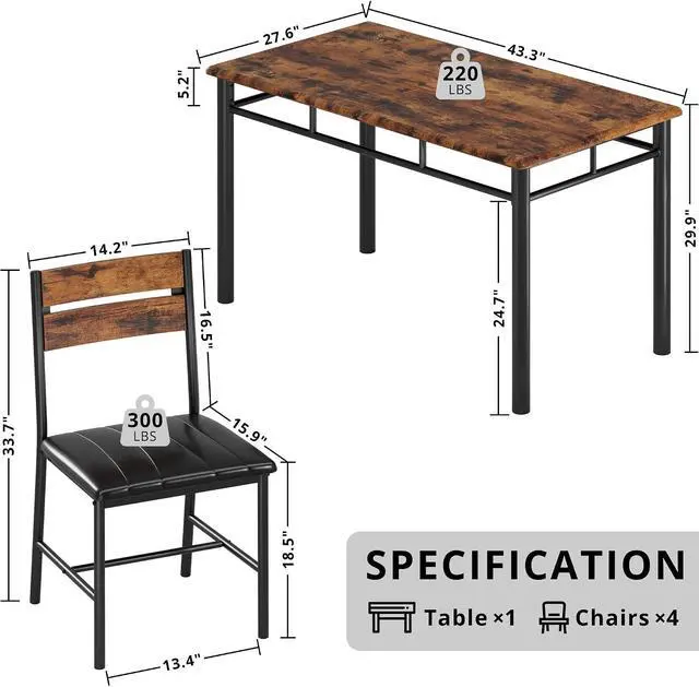 Alt view image 2 of 7 - Juego de mesa de comedor para 4, mesa de cocina de madera con sillas tapizadas para cocina y espacios pequeños, color marrón rústico