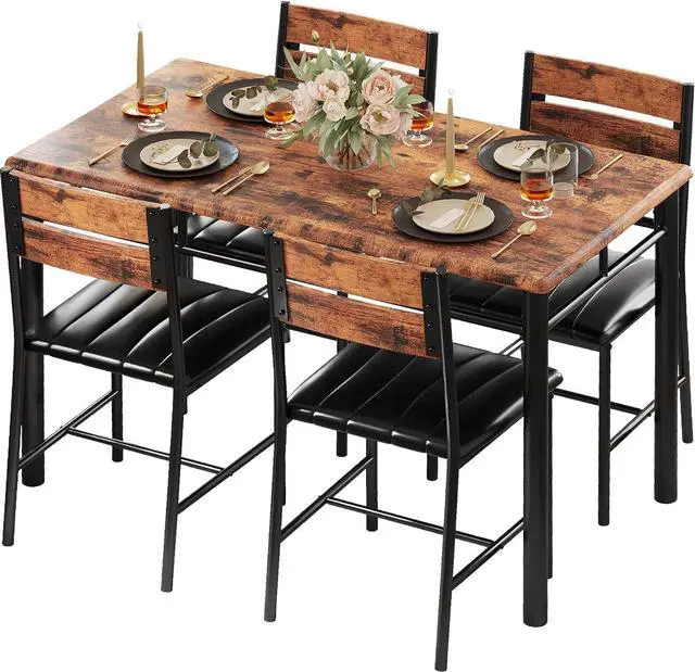 Main image of Juego de mesa de comedor para 4, mesa de cocina de madera con sillas tapizadas para cocina y espacios pequeños, color marrón rústico