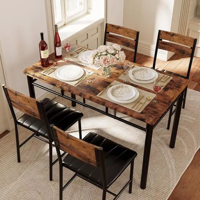 Alt view image 6 of 7 - Juego de mesa de comedor para 4, mesa de cocina de madera con sillas tapizadas para cocina y espacios pequeños, color marrón rústico