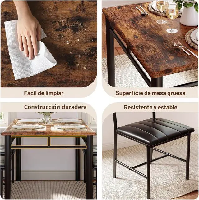 Alt view image 7 of 7 - Juego de mesa de comedor para 4, mesa de cocina de madera con sillas tapizadas para cocina y espacios pequeños, color marrón rústico
