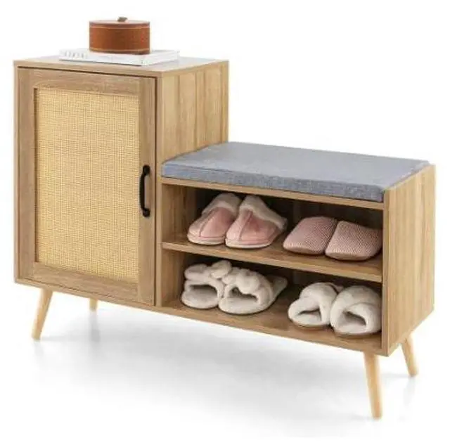 Main image of Entry shoe rack with seating and storage cabinet integrated into the living room shoe rack with soft cushioned seat and modern minimalist entrance bench