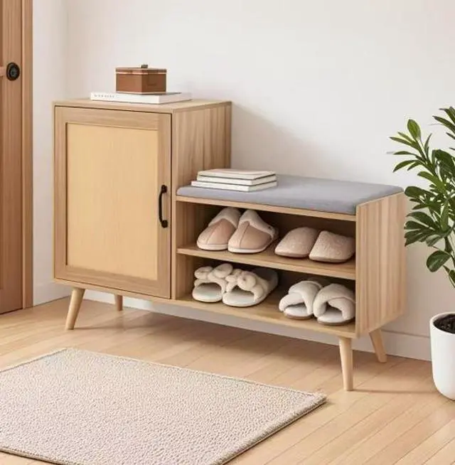 Alt view image 2 of 5 - Entry shoe rack with seating and storage cabinet integrated into the living room shoe rack with soft cushioned seat and modern minimalist entrance bench