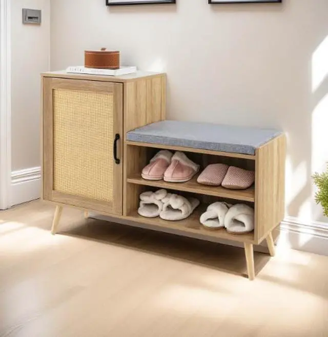 Alt view image 4 of 5 - Entry shoe rack with seating and storage cabinet integrated into the living room shoe rack with soft cushioned seat and modern minimalist entrance bench