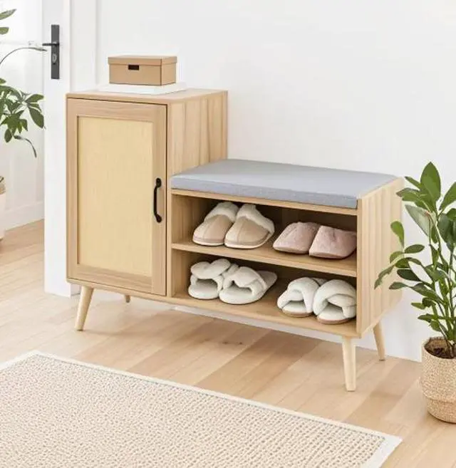 Alt view image 5 of 5 - Entry shoe rack with seating and storage cabinet integrated into the living room shoe rack with soft cushioned seat and modern minimalist entrance bench