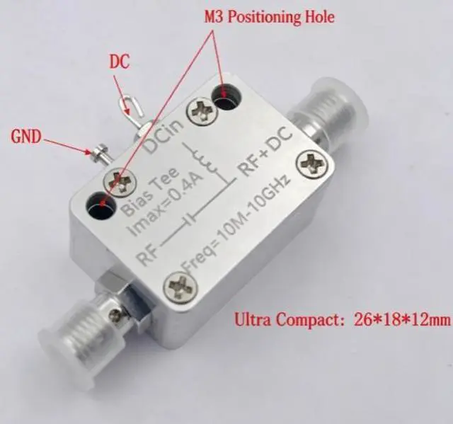 Main image of 10M-10G RF blocking rectifier SMA DC feed Bias Tee coaxial biaser 400mA
