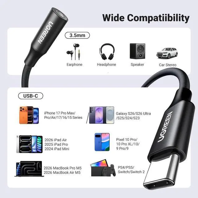 Alt view image 2 of 7 - USB C to 3.5mm Audio Adapter Type C to Headphone Aux Jack Dongle 24bit/96kHz HiFi DAC Cable Cord Compatible with iPhone 17 16 Pro Max/16 Plus, iPad, Galaxy S25 S26 Ultra, Pixel 10, Black