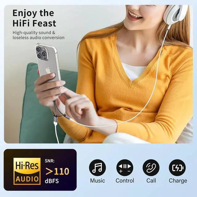 Alt view image 5 of 7 - USB C to 3.5mm Female Headphone and Charger Adapter 2-in-1 Type USBC to Aux Audio Jack Hi-Res DAC Adapter and Fast Charging Dongle Cable Compatible with iPhone 16/15 Pro Max Galaxy S22 S21 S20 Pixel