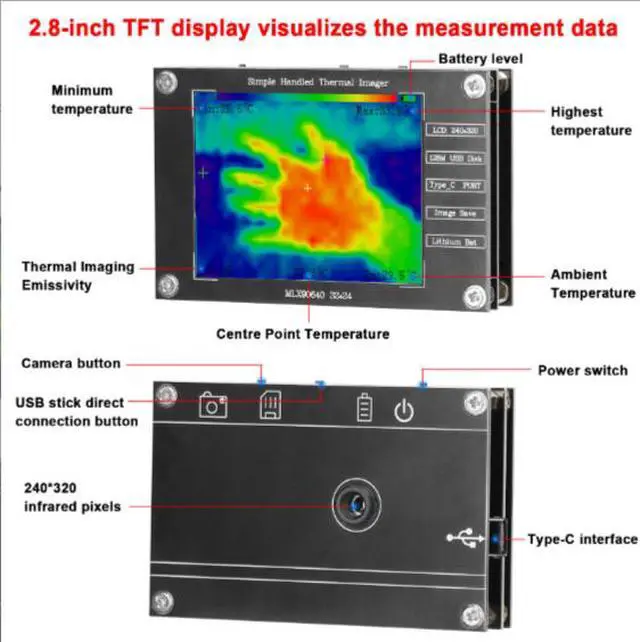 Alt view image 3 of 6 - Handheld multi-functional 2.8 thermal imager MLX90640 digital infrared thermal imaging temperature detection inspection tool