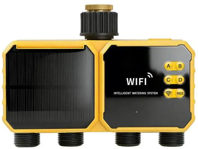 Main image of WiFi-connected micro-sprinkler solar-powered four-valve timer for garden, pool, and vegetable patch irrigation control