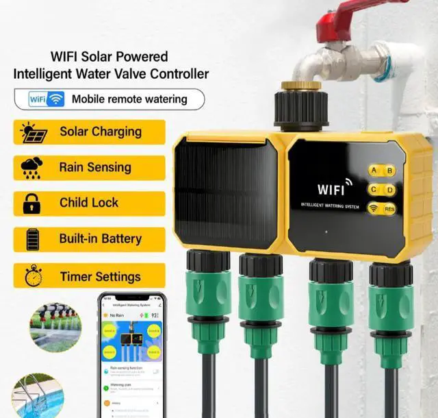 Alt view image 5 of 5 - WiFi-connected micro-sprinkler solar-powered four-valve timer for garden, pool, and vegetable patch irrigation control