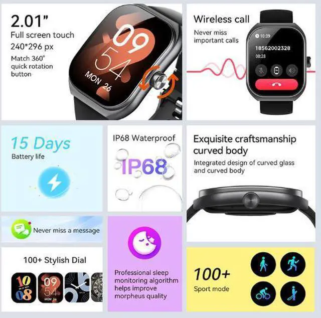 Alt view image 4 of 6 - New curved screen smartwatch with Bluetooth calling function, IP68 water-resistant, continuous heart rate monitor and blood oxygen sensor Silver