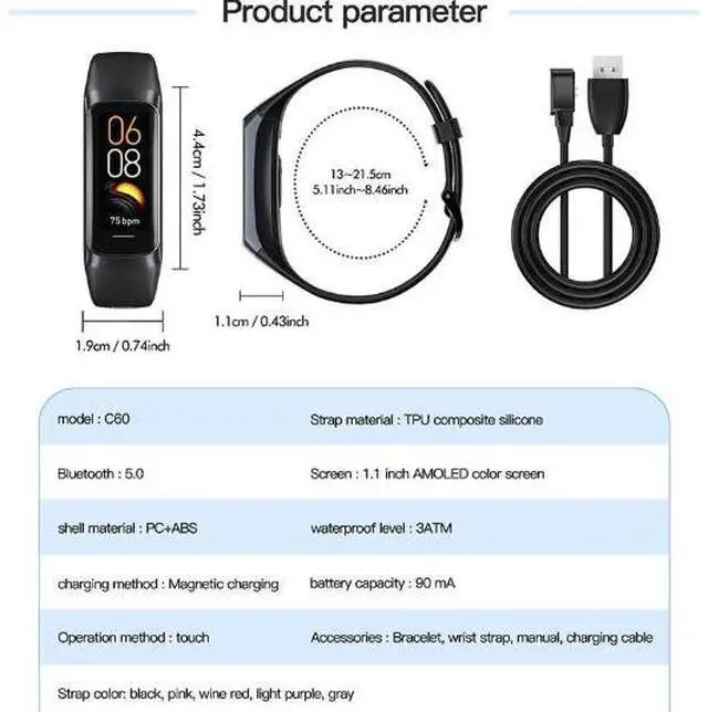 Alt view image 2 of 5 - New hit product C60 - Smart Temperature Monitoring Bracelet for Blood Pressure, Heart Rate, Oxygen Level, Sleep and Physical Activity Tracking and Step Counting for Health Monitoring