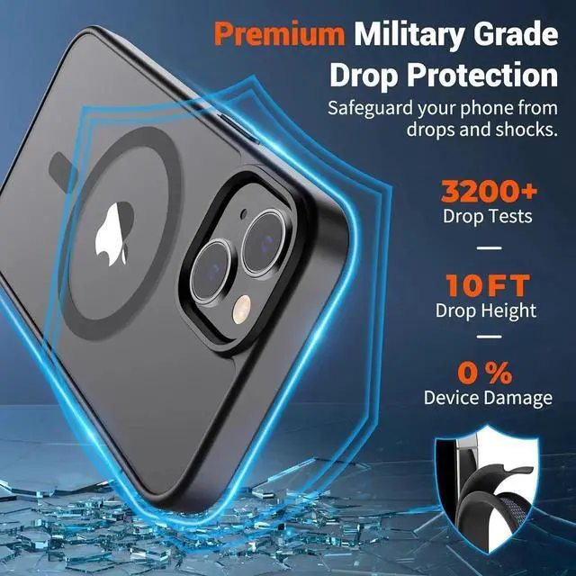 Alt view image 3 of 6 - Magnetic for iPhone 14 Case & iPhone 13 Case (Compatible with MagSafe)(Military Grade Drop Protection) Translucent Matte Shockproof Phone Cover,Black