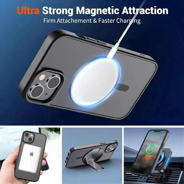 Alt view image 2 of 6 - Magnetic for iPhone 14 Case & iPhone 13 Case (Compatible with MagSafe)(Military Grade Drop Protection) Translucent Matte Shockproof Phone Cover,Black