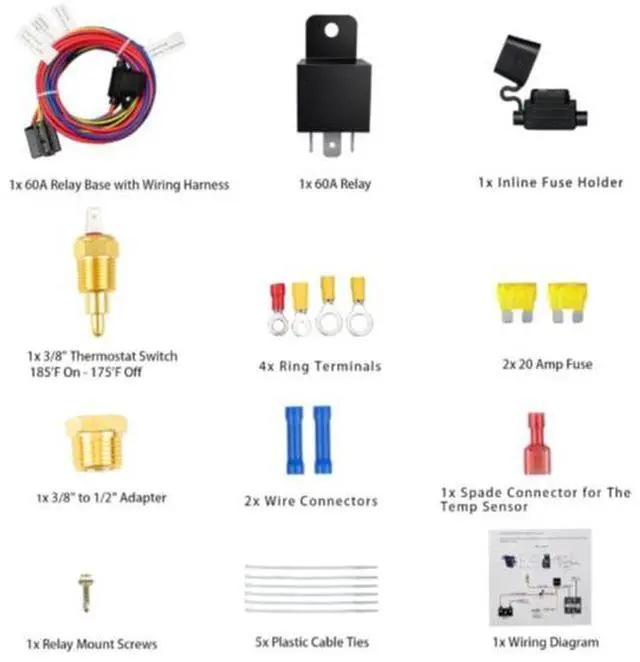 Alt view image 5 of 5 - Electric fan relay kit 12V 60A electric radiator cooling waterproof fan relay kit with thermostat
