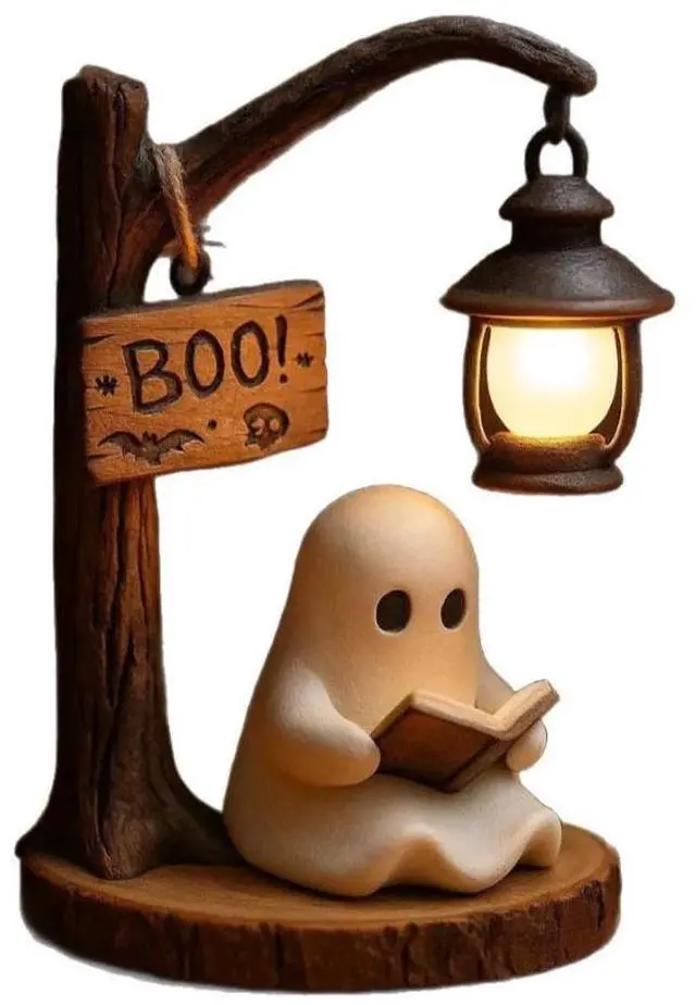 Main image of Cute Ghost Reading Lantern - Halloween Ghost Spirit Reading and Reading Book Decoration Item