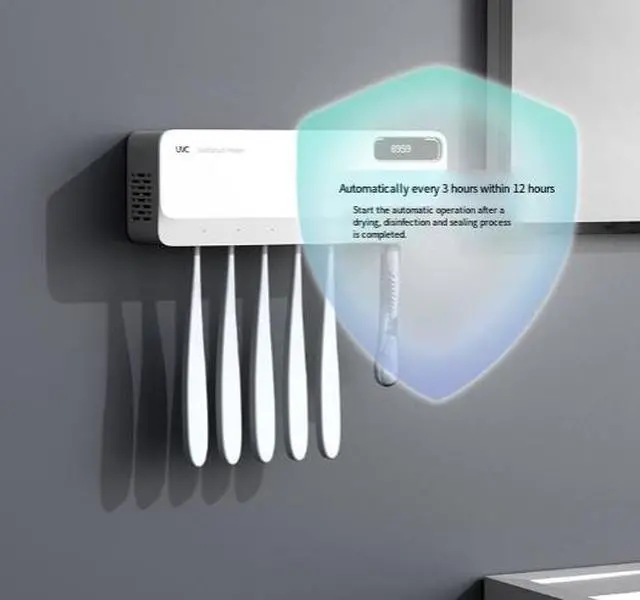 Alt view image 4 of 4 - Toothbrush sterilizer - UV disinfection box - Bacterial sterilization - Automatic drying - Electric bathroom storage rack - Wall-mounted - No drilling required