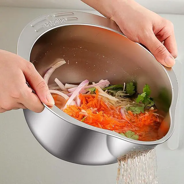 Alt view image 4 of 6 - Cuenco colador para lavadora de arroz mejorado, cuenco de lavado para quinua, enjuague de acero inoxidable con escurridor lateral, colador pequeño para limpiar frutas, verduras y frijoles, colador de
