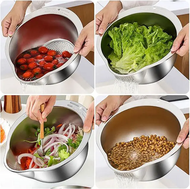 Alt view image 5 of 6 - Cuenco colador para lavadora de arroz mejorado, cuenco de lavado para quinua, enjuague de acero inoxidable con escurridor lateral, colador pequeño para limpiar frutas, verduras y frijoles, colador de