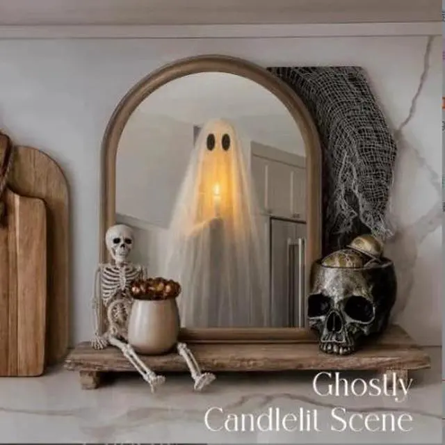 Alt view image 2 of 3 - Glowing Ghost Mirror Halloween Decoration, Creepy LED Lighted Wall Mirror with Floating Ghost Sheer Fabric, Spooky Haunted House Prop for Bedroom Living Room Party\