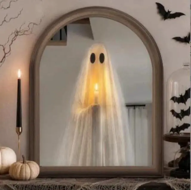 Alt view image 3 of 3 - Glowing Ghost Mirror Halloween Decoration, Creepy LED Lighted Wall Mirror with Floating Ghost Sheer Fabric, Spooky Haunted House Prop for Bedroom Living Room Party\