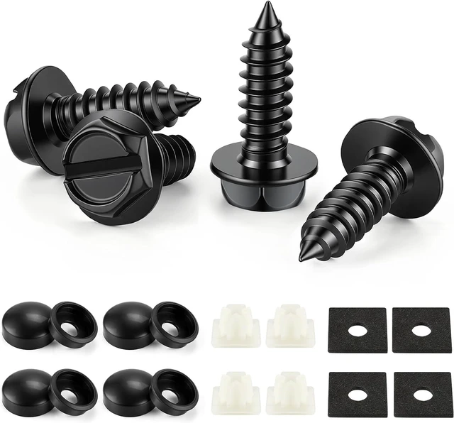 Main image of Tornillos de matrícula inoxidables para asegurar marcos y cubiertas de matrícula en automóviles y camiones, 4 juegos de pernos de montaje autorroscantes de acero inoxidable de alta calidad