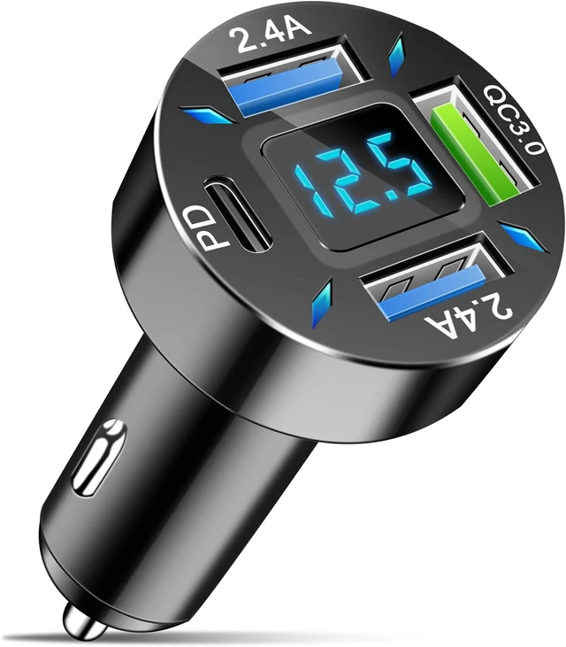 Main image of Cargador de coche de 4 puertos, adaptador de encendedor de cigarrillos de 12-24 V con 3 USB y 1 puerto USB-C, soporta carga rápida QC/PD, cuenta con pantalla digital y luces LED, se adapta a