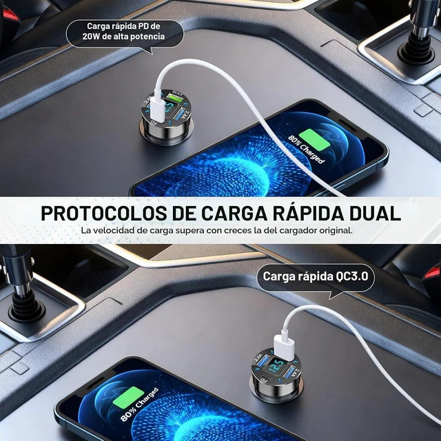 Alt view image 2 of 6 - Cargador de coche de 4 puertos, adaptador de encendedor de cigarrillos de 12-24 V con 3 USB y 1 puerto USB-C, soporta carga rápida QC/PD, cuenta con pantalla digital y luces LED, se adapta a