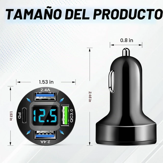 Alt view image 4 of 6 - Cargador de coche de 4 puertos, adaptador de encendedor de cigarrillos de 12-24 V con 3 USB y 1 puerto USB-C, soporta carga rápida QC/PD, cuenta con pantalla digital y luces LED, se adapta a