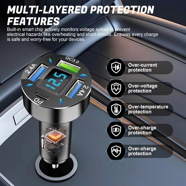 Alt view image 3 of 6 - Cargador de coche de 4 puertos, adaptador de encendedor de cigarrillos de 12-24 V con 3 USB y 1 puerto USB-C, soporta carga rápida QC/PD, cuenta con pantalla digital y luces LED, se adapta a