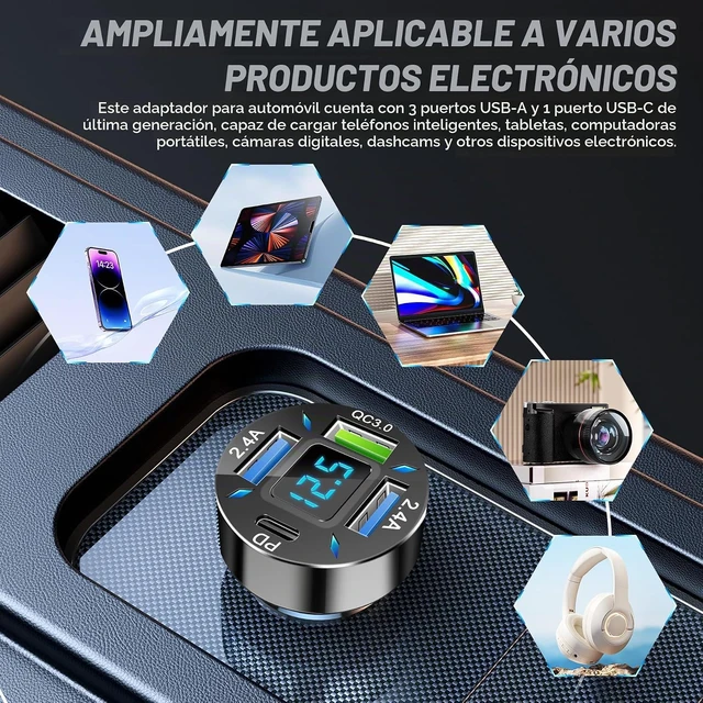 Alt view image 5 of 6 - Cargador de coche de 4 puertos, adaptador de encendedor de cigarrillos de 12-24 V con 3 USB y 1 puerto USB-C, soporta carga rápida QC/PD, cuenta con pantalla digital y luces LED, se adapta a