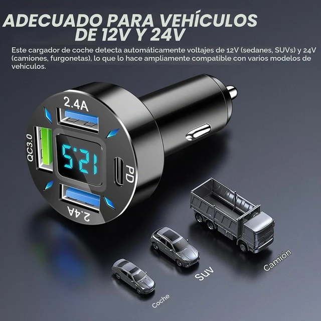 Alt view image 6 of 6 - Cargador de coche de 4 puertos, adaptador de encendedor de cigarrillos de 12-24 V con 3 USB y 1 puerto USB-C, soporta carga rápida QC/PD, cuenta con pantalla digital y luces LED, se adapta a