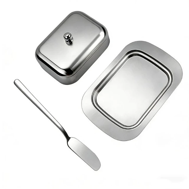 Main image of Butter Dish with Lid and Knife, Stainless Steel Butter Container for Fridge,Stainless steel butter dish with lid Includes butter knife Keeps butter fresh Sealed fridge storage