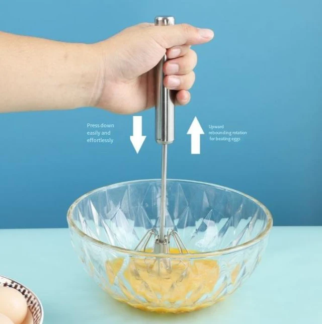 Alt view image 2 of 5 - Push Whisk Egg Beater, Stainless Steel Hand Whisk Mixer for Eggs Cream,Press handle to spin the whisk Stainless steel wires Mixes eggs cream and batter No batteries needed
