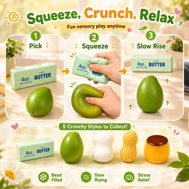 Alt view image 6 of 7 - Crunchy Squishy Slow Rise Squeeze Stress Ball 5PCS ASMR Filled Moldable Toy
Butter, Mango, Peanut, Soap, Pudding Styles, Stress Stick Rebound, Calming Desk Decor, Party Favor for Adults