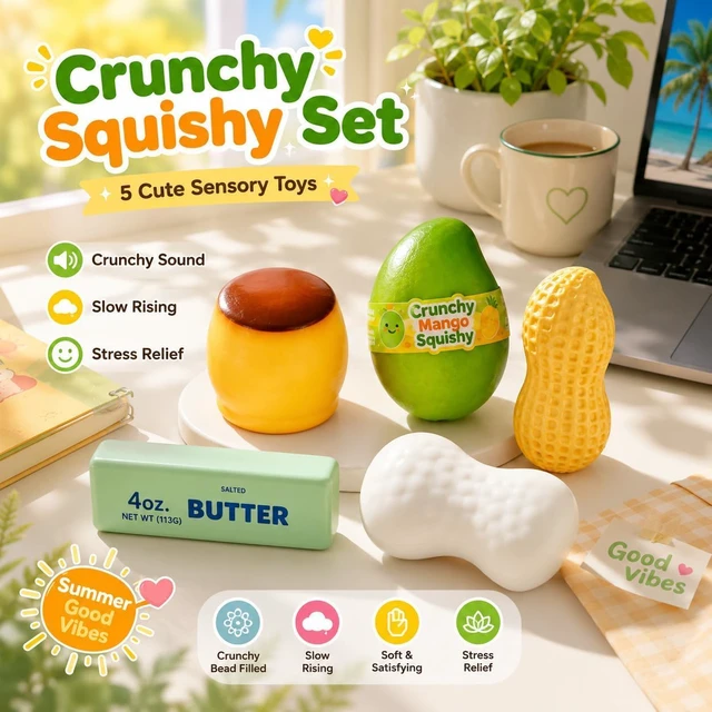 Alt view image 7 of 7 - Crunchy Squishy Slow Rise Squeeze Stress Ball 5PCS ASMR Filled Moldable Toy
Butter, Mango, Peanut, Soap, Pudding Styles, Stress Stick Rebound, Calming Desk Decor, Party Favor for Adults