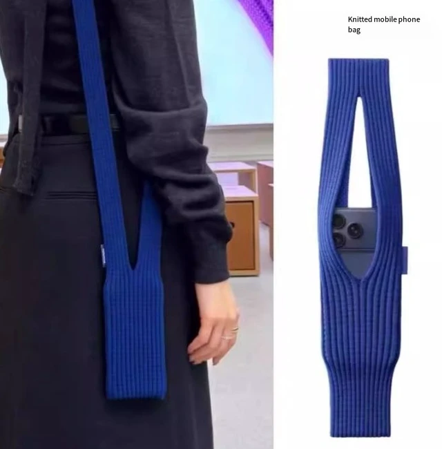 Alt view image 5 of 6 - Knitted mobile phone bag, cross-body, portable, fashionable color-matching phone case, suitable for both men and women, trendy mobile phone cover Gemstone blue knitted bag 40cm