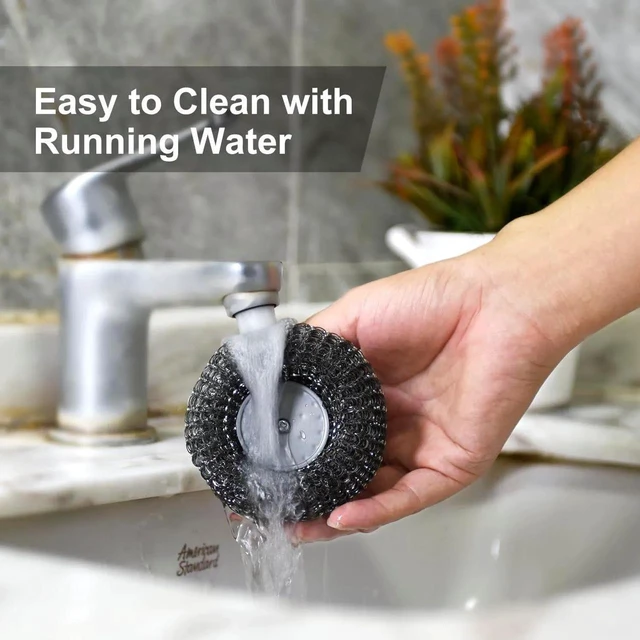 Alt view image 3 of 7 - 2Pcs Stainless Steel Scrubber with Handle, Steel Wool Scrubber Tool for Cleaning Dishes, Scrubbing Scouring Brush Pad for Kitchen Pots, Pans, Sink