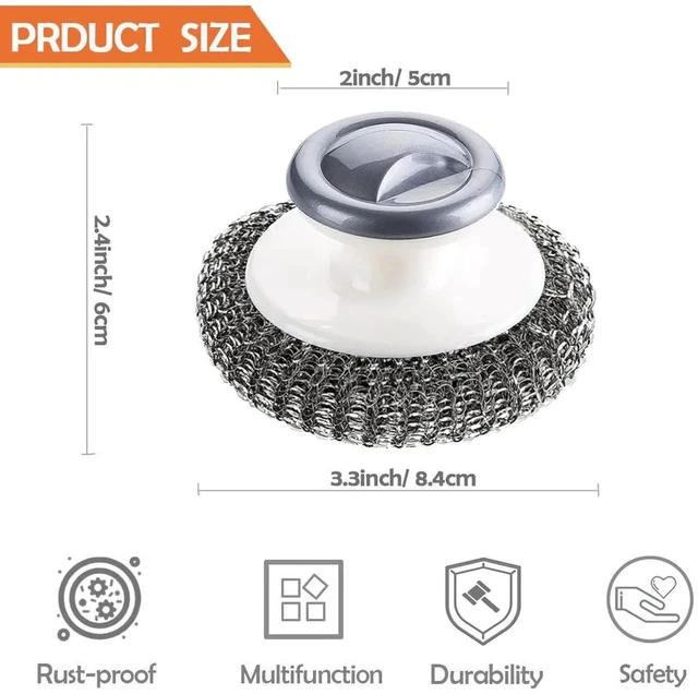 Alt view image 4 of 7 - 2Pcs Stainless Steel Scrubber with Handle, Steel Wool Scrubber Tool for Cleaning Dishes, Scrubbing Scouring Brush Pad for Kitchen Pots, Pans, Sink