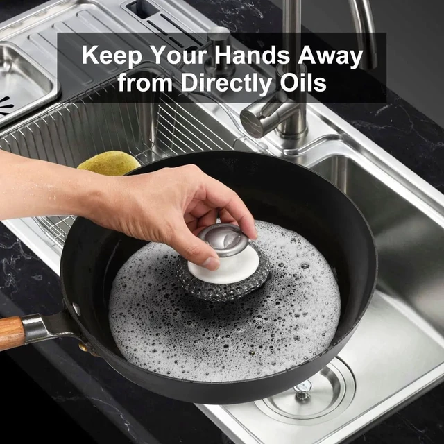 Alt view image 6 of 7 - 2Pcs Stainless Steel Scrubber with Handle, Steel Wool Scrubber Tool for Cleaning Dishes, Scrubbing Scouring Brush Pad for Kitchen Pots, Pans, Sink