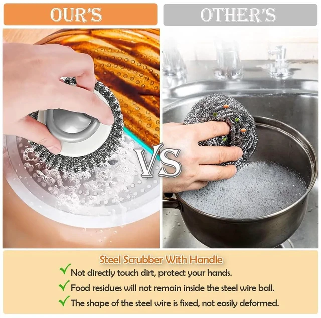 Alt view image 5 of 7 - 2Pcs Stainless Steel Scrubber with Handle, Steel Wool Scrubber Tool for Cleaning Dishes, Scrubbing Scouring Brush Pad for Kitchen Pots, Pans, Sink
