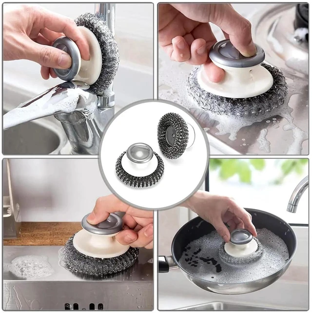 Alt view image 2 of 7 - 2Pcs Stainless Steel Scrubber with Handle, Steel Wool Scrubber Tool for Cleaning Dishes, Scrubbing Scouring Brush Pad for Kitchen Pots, Pans, Sink