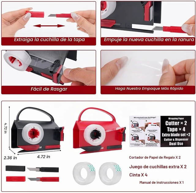 Alt view image 4 of 7 - Cortador de papel de regalo 2 en 1 y dispensador de cinta, con 4 cintas y 2 cuchillas
Sliding Gift Wrap Roll Cutter Tool with Replacement Parts, Safe & Precise Cutting for Christmas, Birthday, Crafts