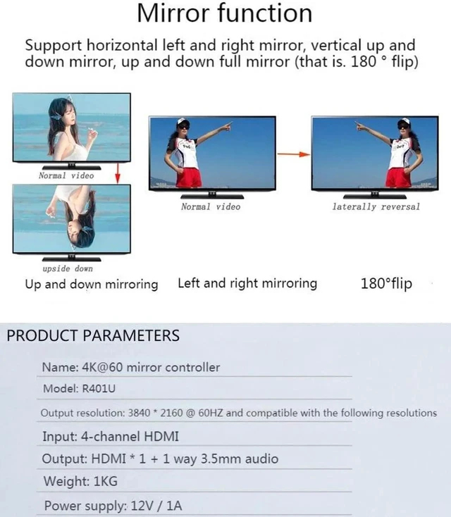 Alt view image 3 of 7 - 4K HDMI Controller Left Right Mirror Flip Horizontal Up Down Processor Image Interception Zoom 90 270 Degree Rotation