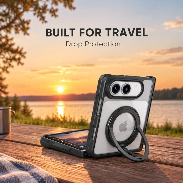 Alt view image 5 of 6 - Suitable for the folding hinge of the Apple iPhone Duo phone case. The front frame is fully integrated with the hard back panel and soft bezel. It features a 360-degree rotating stand. Sanded black